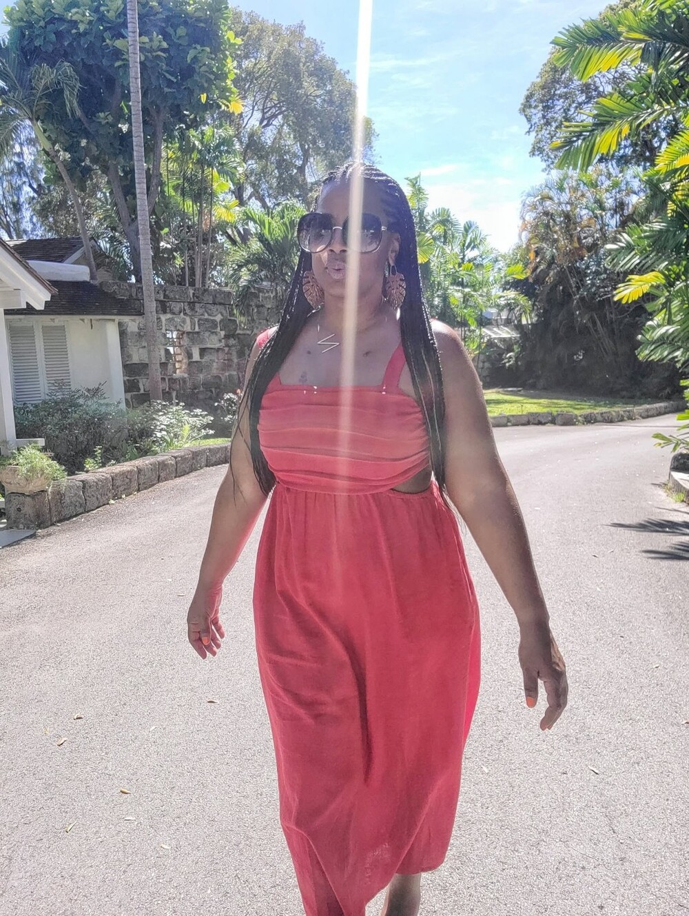 a new day Coral-Red Sleeveless Midi Dress with Cutout Waist